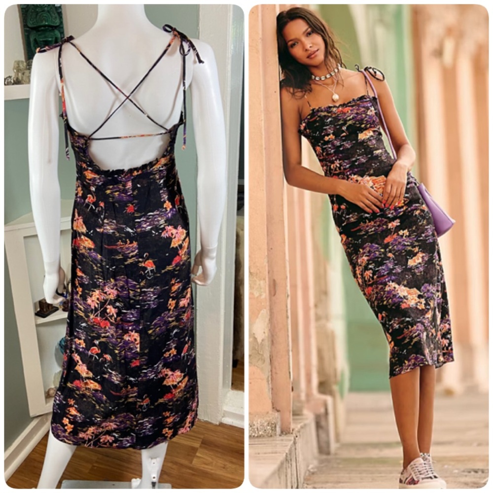 Free People Beach Party Paradise Flamingo Hawaiian Midi Sun Dress Linen Blend 0